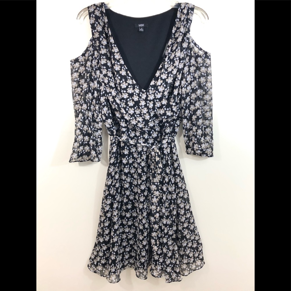 MSK Dress Cold Shoulder Floral Flowy Sheer Sleeves